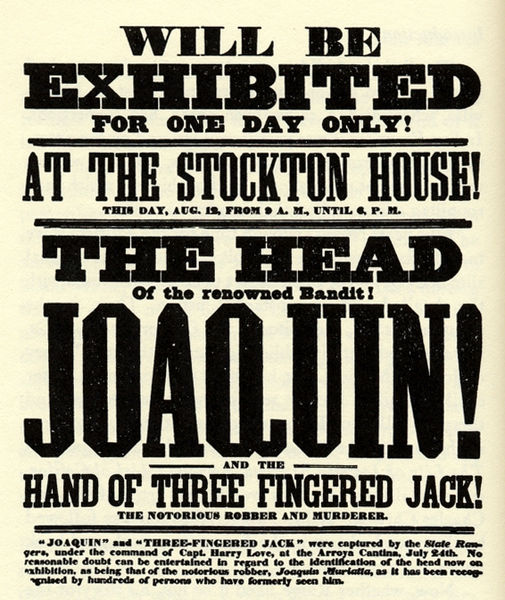 Joaquin Murieta and Three Fingered Jack wanted poster