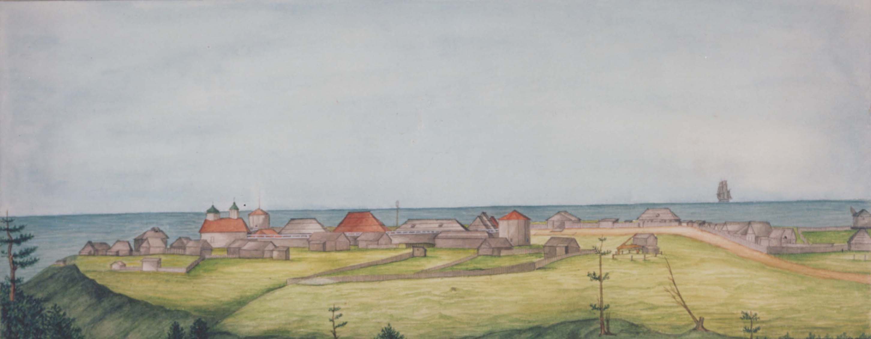 Watercolour of Fort Ross by I.G. Voznesenskii (1841)  Source: Peter the Great Museum of Anthropology and Ethnography, St.Petersburg