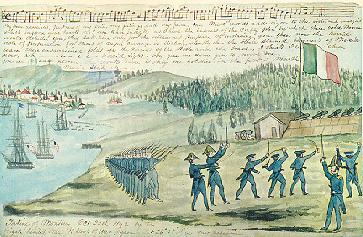 Watercolor of the capture of Monterey by Gunner William H. Meyers of the warship Cyane. Courtesy of The Bancroft Library, U.C. Berkeley