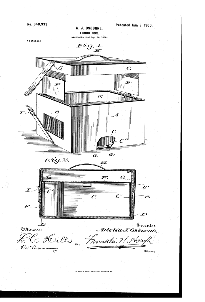 Amelia J. Osborne lunch box patent 1890.