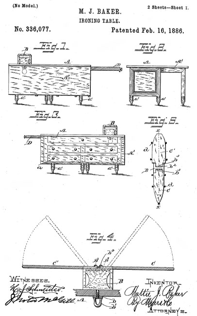 Mattie J. Baker patent drawing for an improved ironing table