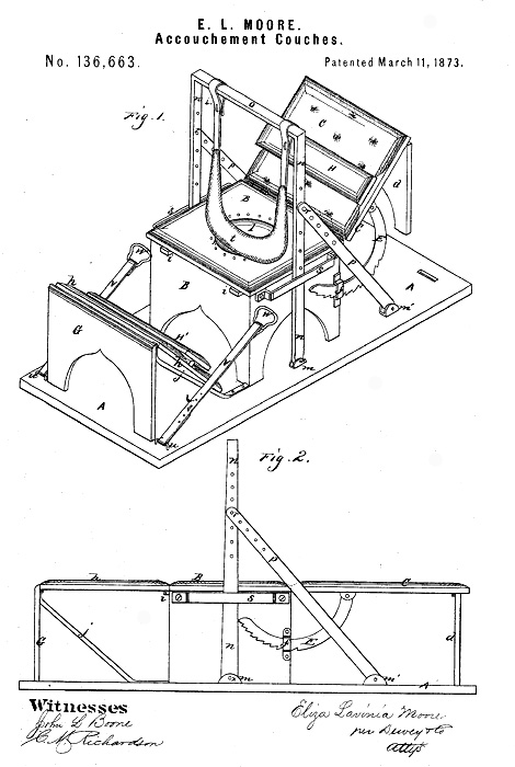 Eliza Moore patent for an accouchment couch (1873).