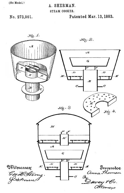 Anna Sherman, of Alameda, patented steam cooker (1883).