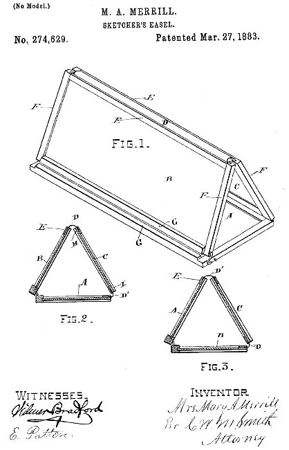 Mary Merrill patented a portable artist easel (1883).