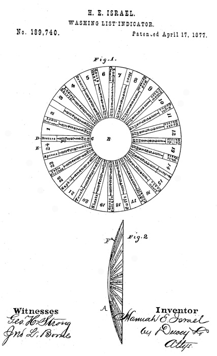 Hannah E. Israel patented an improvement in washing-list indicators (1877).