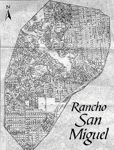 Modern map of San Francisco neighborhoods within historic Rancho San Miguel.