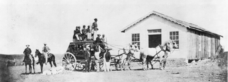 Concord stagecoach being guarded by Buffalo Soldiers (1869)