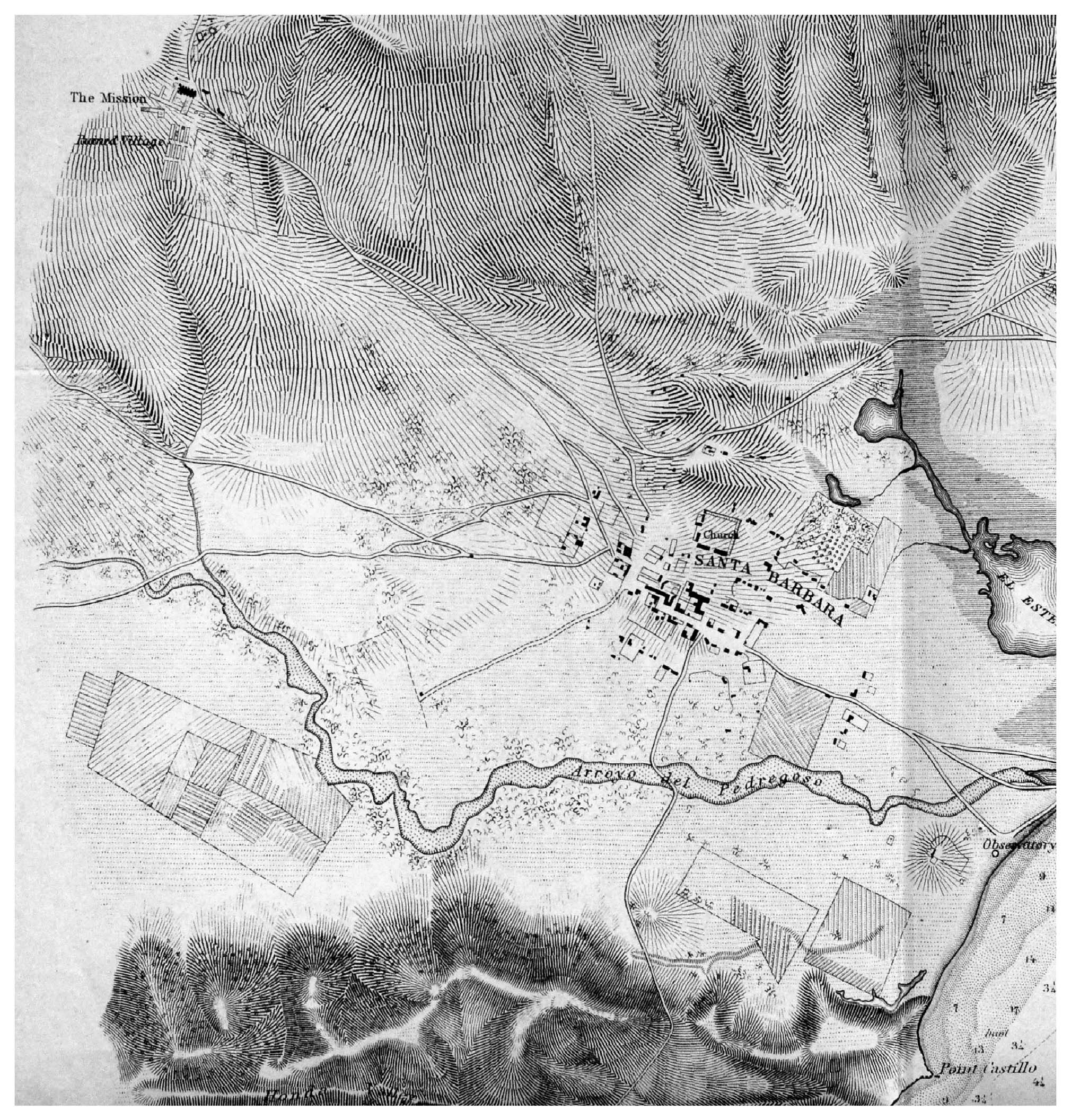 Portion of a preliminary sketch of Santa Barbara (Harrison 1853) based on the 1852 T-sheet no. 373.