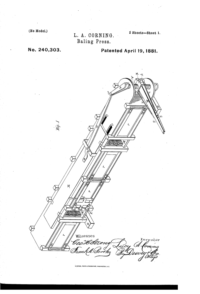Lucy Corning, of San Jose, patented a hay baling press.