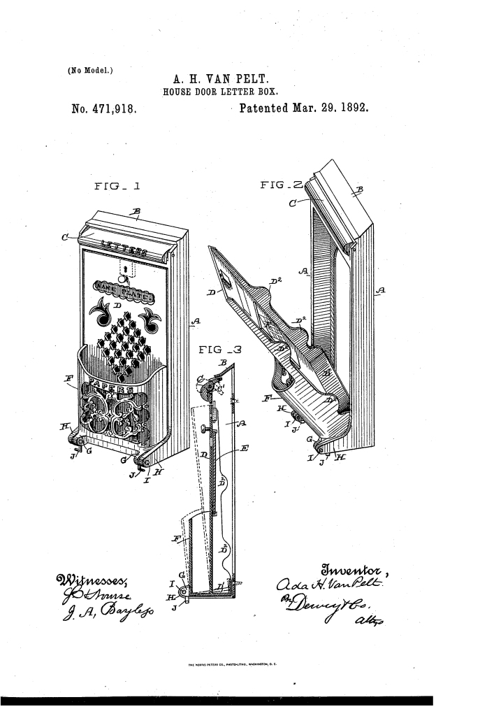 Ada Van Pelt patented a house letter box (1892).