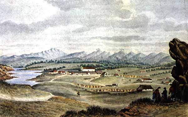 A watercolor by William Smyth during the winter of 1826-1827 shows a small number of scattered adobes without any formal property lines, fences, or streets. Courtesy of Monterey County Museum.
