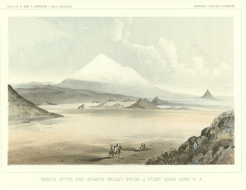 Drawing of Shasta Butte and Shasta Valley by John J. Young (1858).