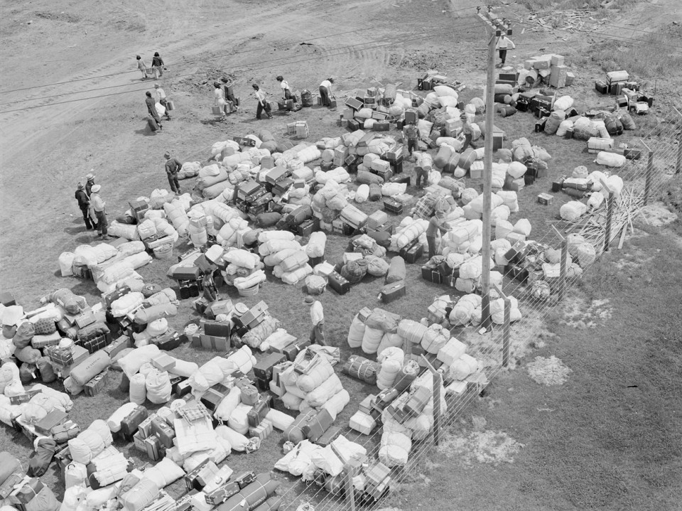 Salinas Assembly Center. Evacuees of Japanese ancestry identify their luggage (1942).