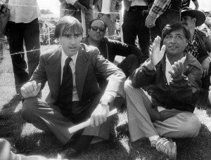 California Governor Jerry Brown and UFW president Cesar Chavez participate in a UFW rally in Salinas on August 11, 1979. Courtesy Monterey County Herald.