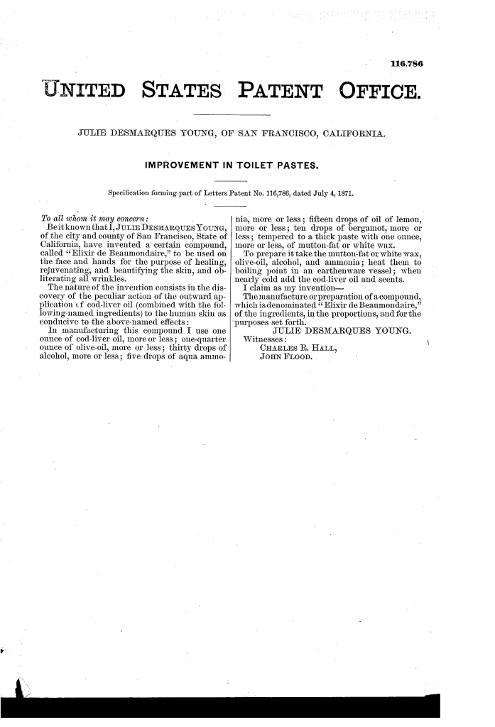 Julie Desmarques Young patented an Improvement in toilet pastes (1871 ).