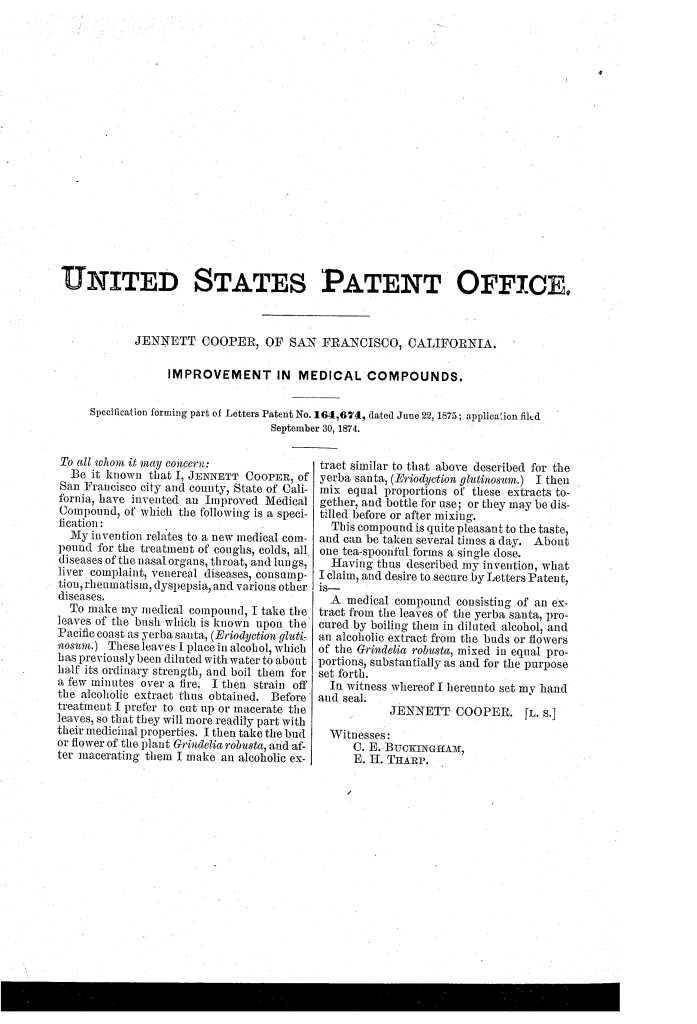 Jennett Cooper patented an improvement in medical compounds (1875).