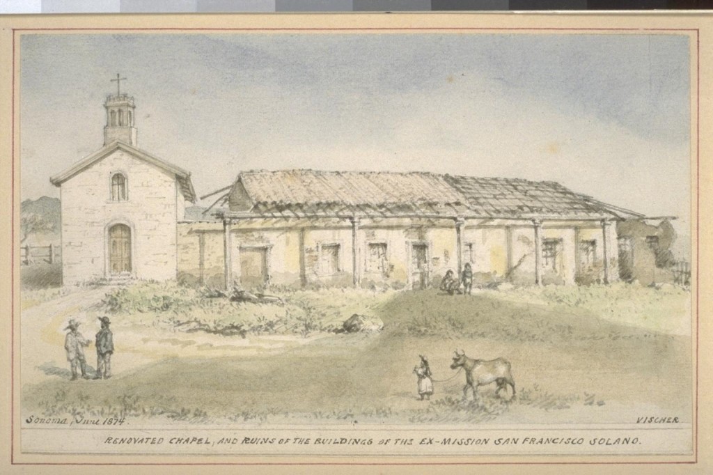 Renovated chapel, and ruins of the buildings of the Ex-Mission San Francisco Solano (1874). Courtesy UC Berkeley, Bancroft Library.