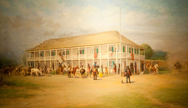 The Alpheus B. Thompson home in Santa Barbara, where Fremont raised the U.S. flag and established his headquarters. Painting by Alexander F. Harmer (circa 1913).