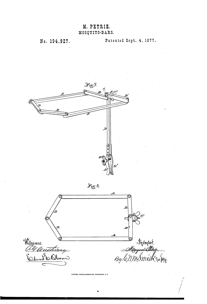 Margaret Petrie patented an improvement in mosquito bars (1877).