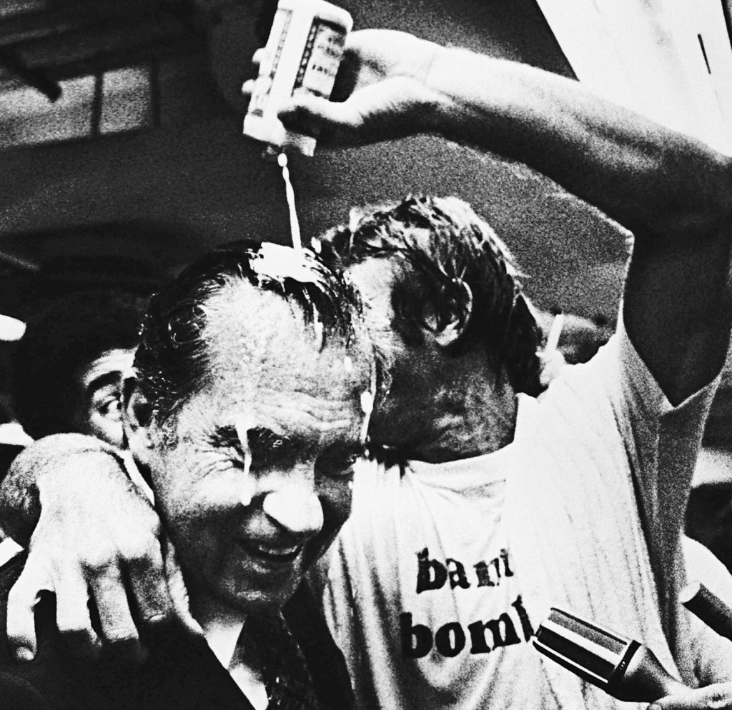 Bobby Grich celebrates their pennant victory by pouring beer on former President Richard Nixon (1979).