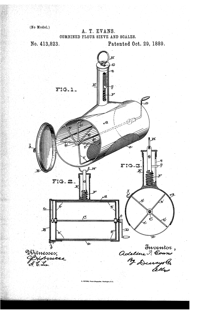 Adeline Evans patented combined flour sieve and scale (1889).