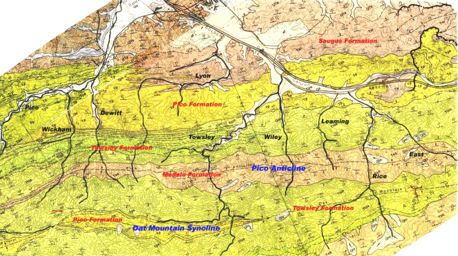 Geologic map of the canyons showing the canyon names (black), the formation names (red), and the Pico Anticline and Oat Mountain Syncline (blue).