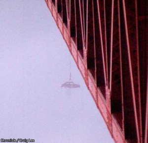 VW hung from the Golden Gate Bridge (2001).