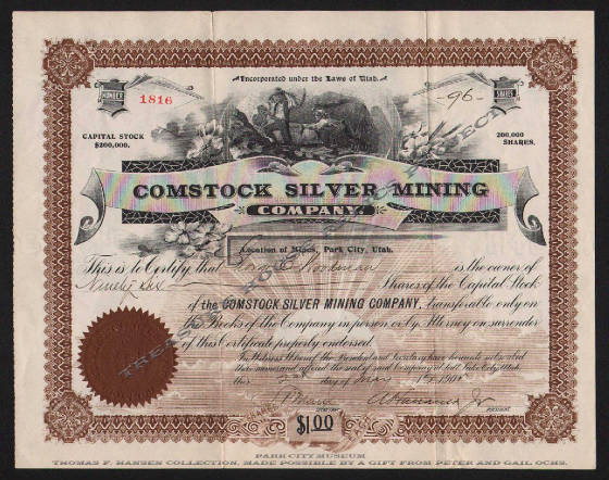 Comstock Silver Mining Co. stock certificate.