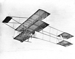 Louis Paulhan making his record flight, flying at 4,600 feet, in his Henry Farman biplane in Los Angeles (January 12, 1910).