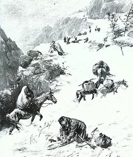 The Donner Party stranded in the Sierra Nevada Range (1847). Photo courtesy: True Tales of the West, (Castle Books, 1985).