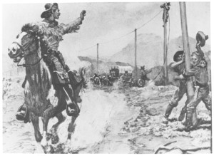 Pony Express rider passing a transcontinental telegraph construction crew.