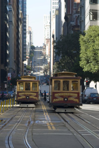 california street cable cars looking towards nob hill, san francisco 