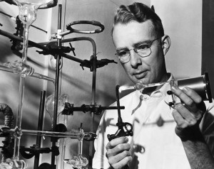 Luis Alvarez in his laboratory with a Geiger Counter. photo © Bettmann/CORBIS