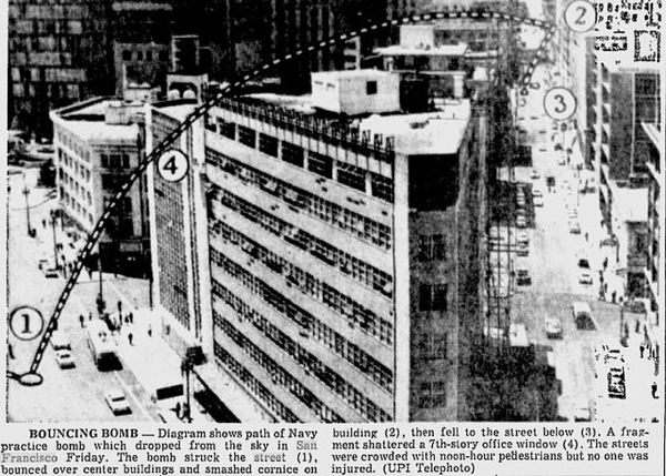 Path of the U.S. Navy bomb accidentally dropped a 2-foot, 25-pound practice bomb on Market St. in San Francisco (1963)