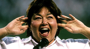 Roseanne Barr sings the national anthem (1990).