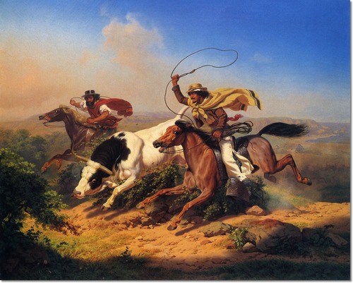 "Vaqueros Roping a Steer" by Charles Nahl (1866).