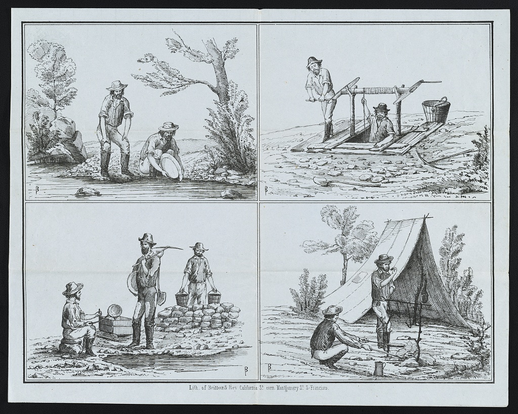 Miners panning for gold, entering a mine shaft, miners with equipment and miners cooking at camp (1850s). Lithograph by Britton & Rey.