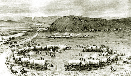 Independence Rock looking west with Devil's Gate in the distance (1850).